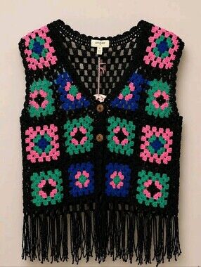 Umgee Black Crochet Vest with Pink, Green & Blue Accents Fringe